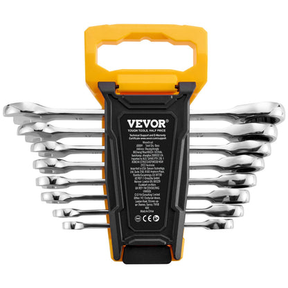 Combination Wrench Set, 8-Piece Ratcheting Wrench Set with Organizer Rack, Cr-V Steel Wrench Set Metric 8 mm to 19 mm, Ideal for General Household, Garage, Workshop, Auto Repairs, Emergency