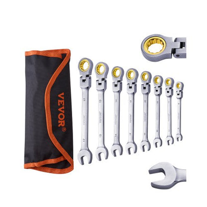 Flex-Head Ratcheting Wrench Set, 8-piece Combination Wrench Set with Roll-up Pouch, Cr-V Steel Flexible Ratcheting Wrench Set Metric 8 mm to 17 mm, Ideal for General Household, Auto Repairs