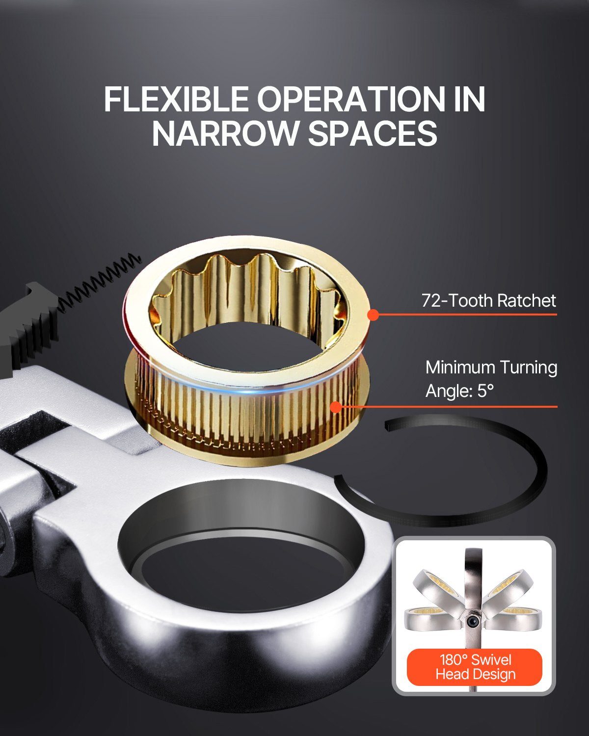 Flex-Head Ratcheting Wrench Set, 8-piece Combination Wrench Set with Roll-up Pouch, Cr-V Steel Flexible Ratcheting Wrench Set Metric 8 mm to 17 mm, Ideal for General Household, Auto Repairs