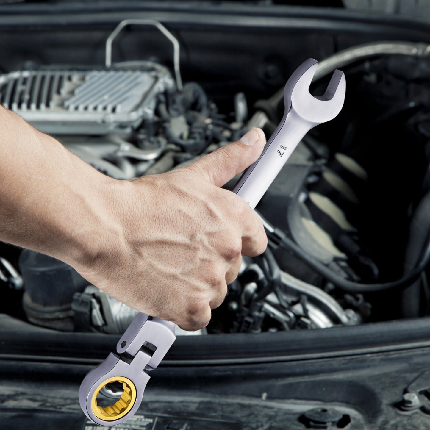 Flex-Head Ratcheting Wrench Set, 8-piece Combination Wrench Set with Roll-up Pouch, Cr-V Steel Flexible Ratcheting Wrench Set Metric 8 mm to 17 mm, Ideal for General Household, Auto Repairs