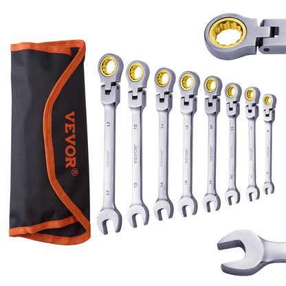 Flex-Head Ratcheting Wrench Set, 8-piece Combination Wrench Set with Roll-up Pouch, Cr-V Steel Flexible Ratcheting Wrench Set Metric 8 mm to 17 mm, Ideal for General Household, Auto Repairs