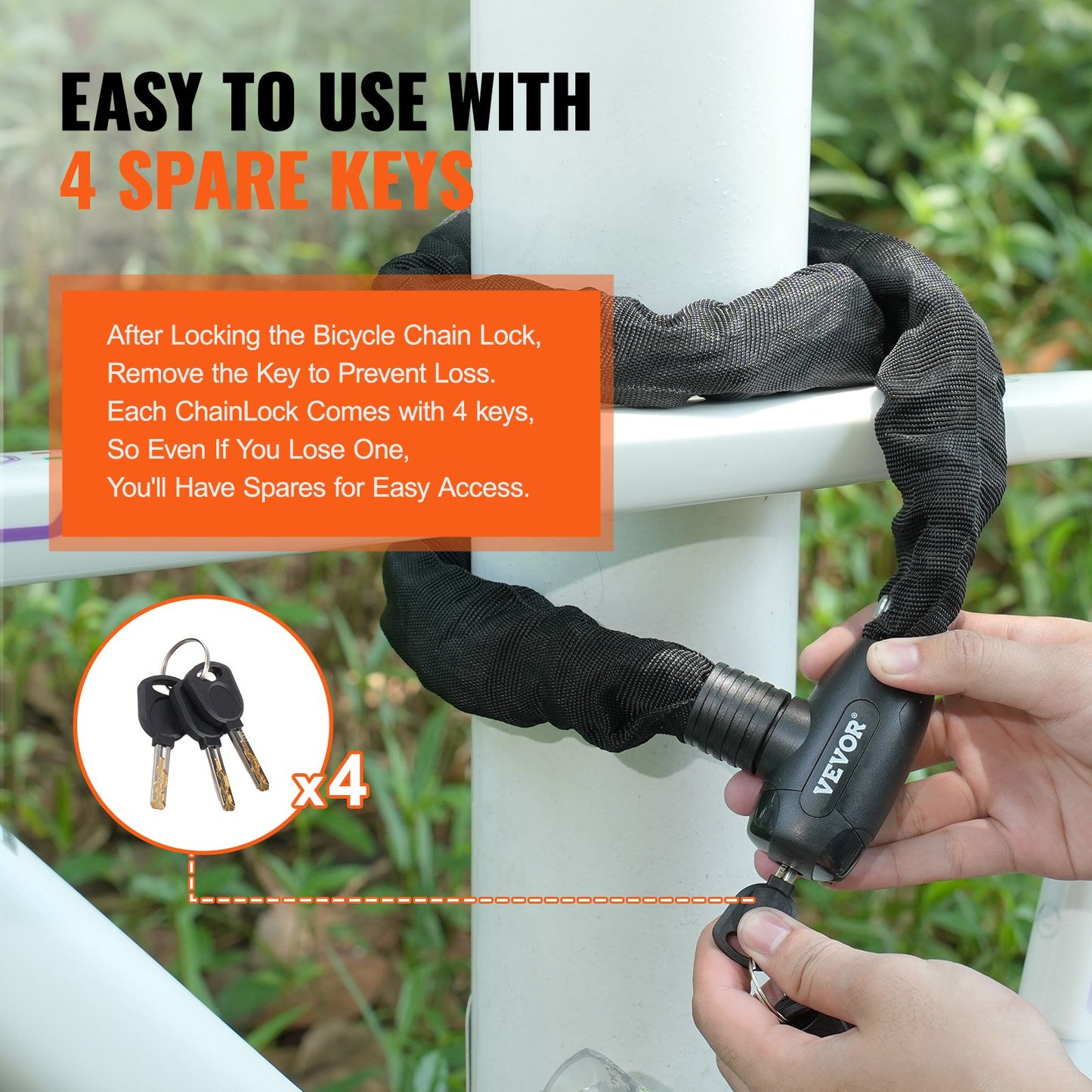 Cykelkedjelås, 1,2 m kombinationscykelkedjelås med 4 nycklar, kraftiga stöldskyddslås med hög säkerhet, perfekt för cykel, motorcykel, skoter, dörr, staket eller grind, 8 mm