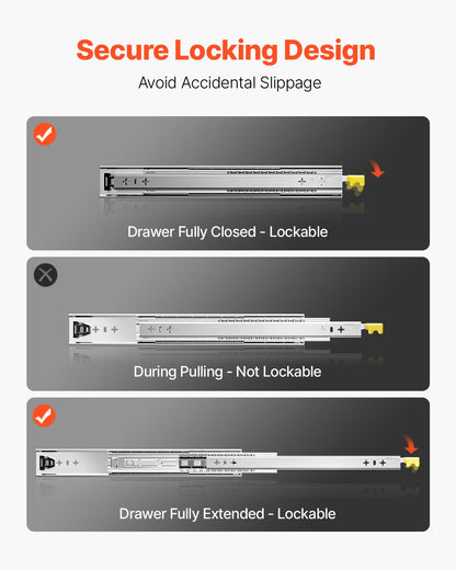 1 par lådskenor med full utdragbar låda 16 18 20 24 30 35 38 59 32 36 40 48 60 tum, 250 lbs lastkapacitet Låsbara lådskenor, kullager med låsbar sidomonterad lådskena