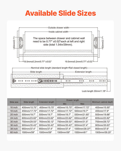 1 Pair Full Extension Drawer Slides 16 18 20 24 30 35 37.4 59 24 32 36 40 48 60 in, 250 lbs Load Capacity Locking Drawer Slides, Ball Bearing with Lock Side Mount Drawer Slide Rail