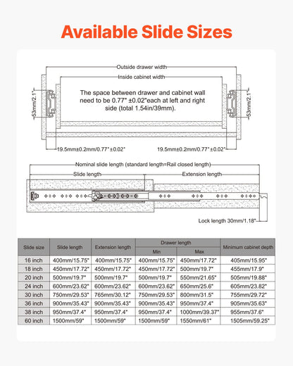 1 Pair Full Extension Drawer Slides 16 18 20 24 30 35 37.4 59 24 32 36 40 48 60 in, 250 lbs Load Capacity Locking Drawer Slides, Ball Bearing with Lock Side Mount Drawer Slide Rail