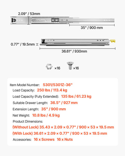 1 Pair Full Extension Drawer Slides 16 18 20 24 30 35 37.4 59 24 32 36 40 48 60 in, 250 lbs Load Capacity Locking Drawer Slides, Ball Bearing with Lock Side Mount Drawer Slide Rail