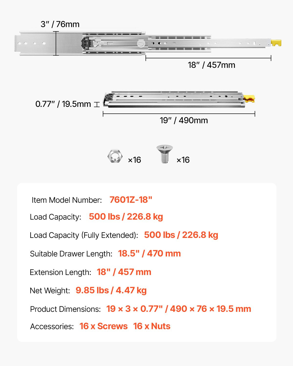 1 Pair Full Extension Drawer Slides 18 20 22 28 30 32 36 38 40 44 48 52 56 60 in, 500 lbs Load Capacity Locking Drawer Slides, Ball Bearing with Lock Side Mount Drawer Slide Rail