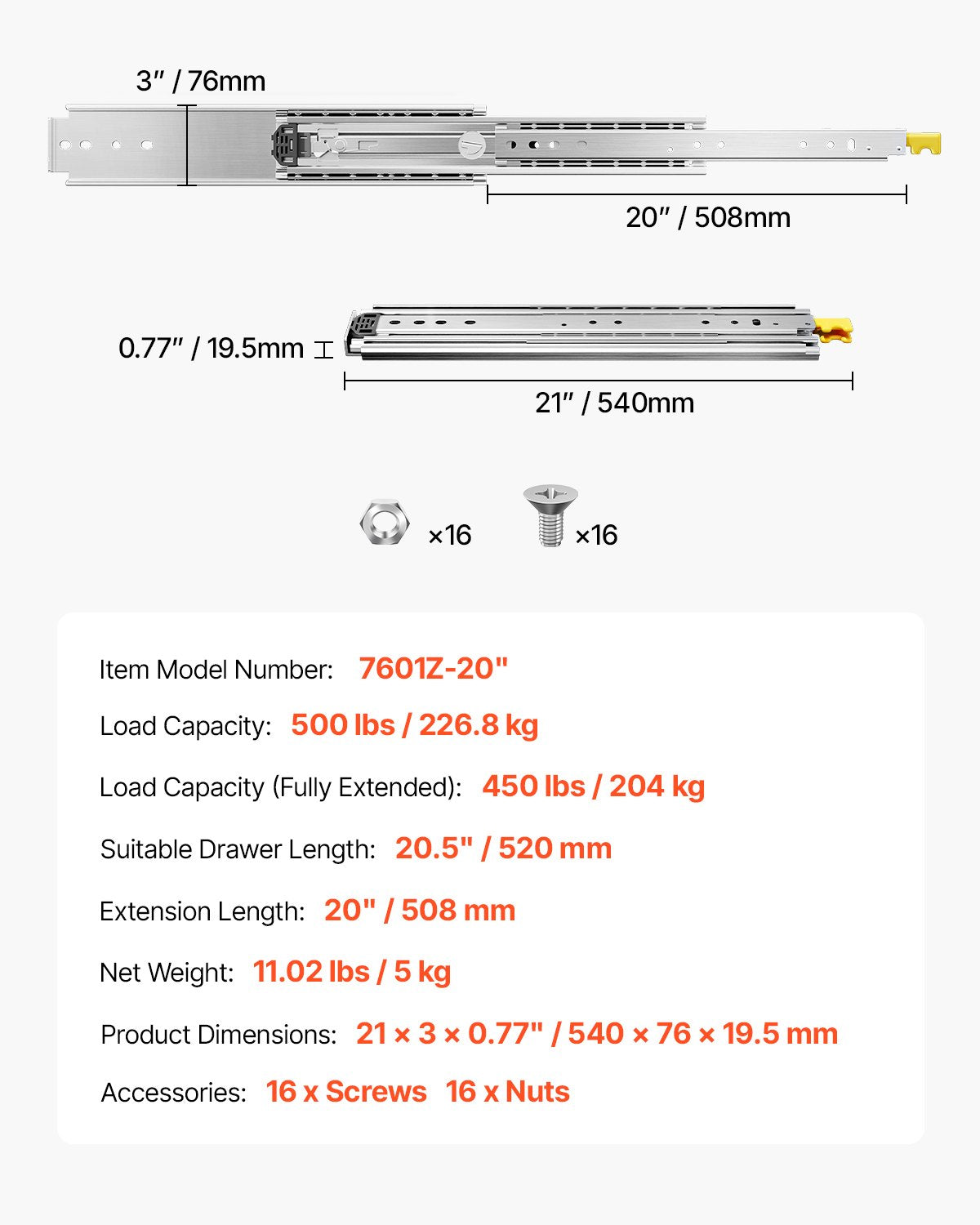 1 Pair Full Extension Drawer Slides 18 20 22 28 30 32 36 38 40 44 48 52 56 60 in, 500 lbs Load Capacity Locking Drawer Slides, Ball Bearing with Lock Side Mount Drawer Slide Rail