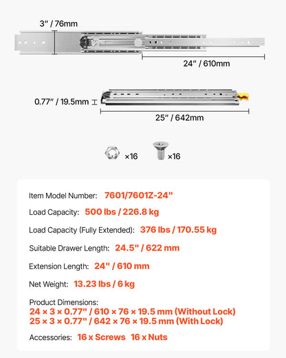 1 Pair Full Extension Drawer Slides 16 18 20 24 30 35 37.4 59 24 32 36 40 48 60 in, 500 lbs Load Capacity Locking Drawer Slides, Ball Bearing with Lock Side Mount Drawer Slide Rail