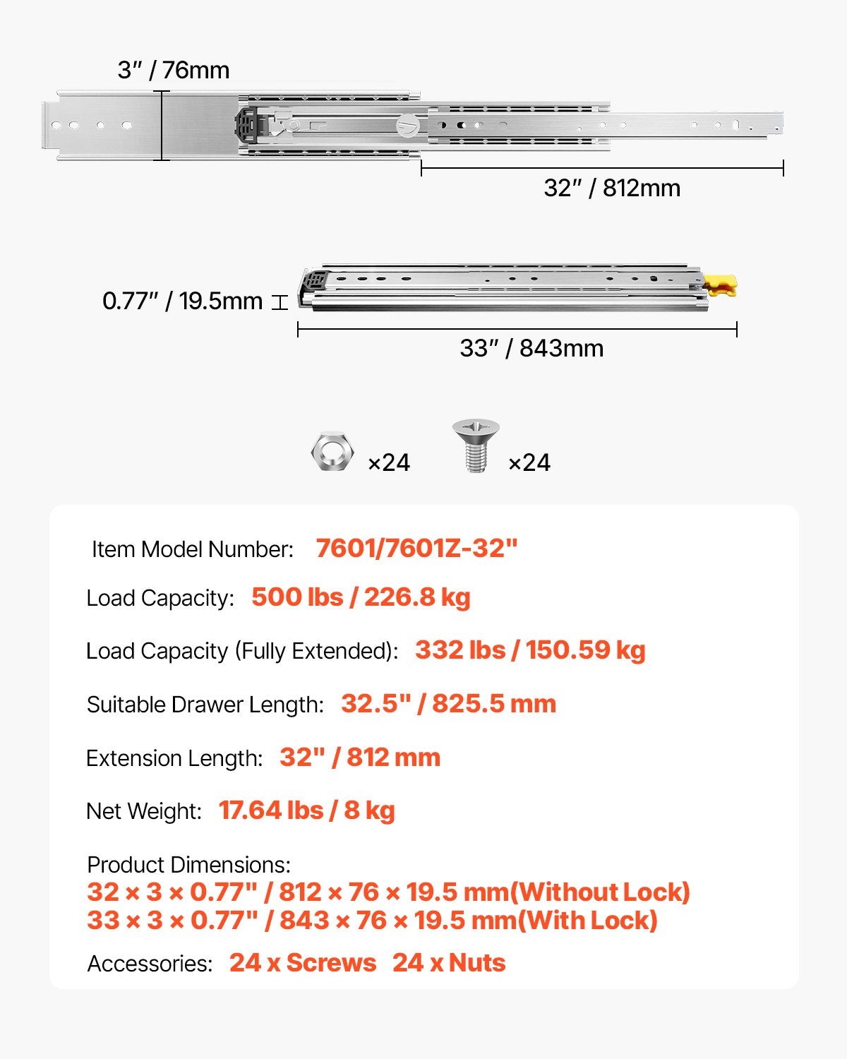 1 Pair Full Extension Drawer Slides 16 18 20 24 30 35 37.4 59 24 32 36 40 48 60 in, 500 lbs Load Capacity Locking Drawer Slides, Ball Bearing with Lock Side Mount Drawer Slide Rail