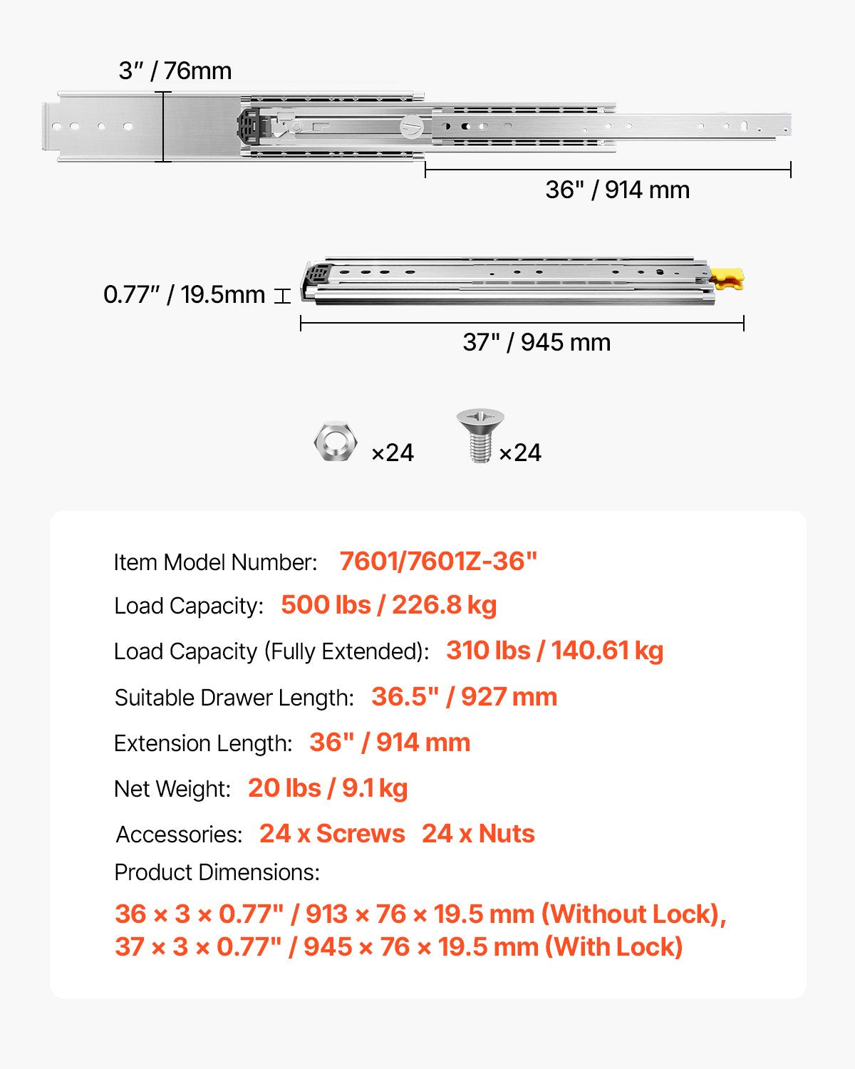 1 Pair Full Extension Drawer Slides 16 18 20 24 30 35 37.4 59 24 32 36 40 48 60 in, 500 lbs Load Capacity Locking Drawer Slides, Ball Bearing with Lock Side Mount Drawer Slide Rail