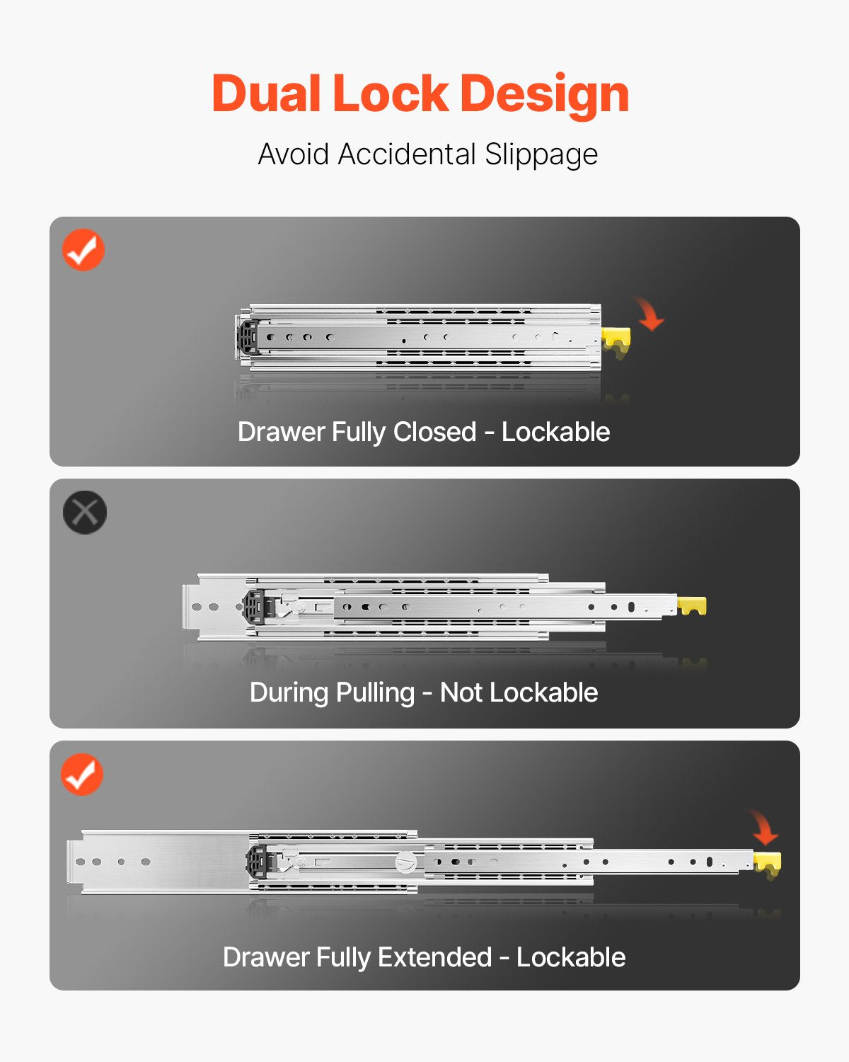 1 Pair Full Extension Drawer Slides 18 20 22 28 30 32 36 38 40 44 48 52 56 60 in, 500 lbs Load Capacity Locking Drawer Slides, Ball Bearing with Lock Side Mount Drawer Slide Rail
