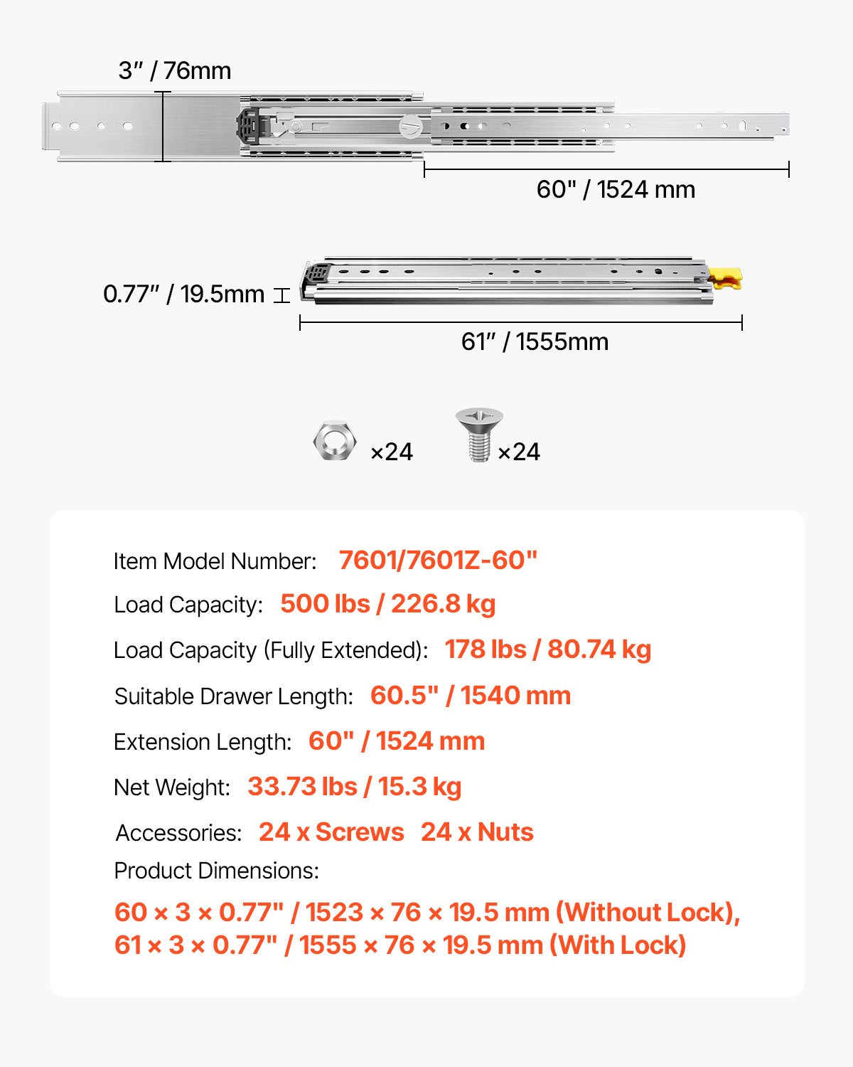 1 Pair Full Extension Drawer Slides 16 18 20 24 30 35 37.4 59 24 32 36 40 48 60 in, 500 lbs Load Capacity Locking Drawer Slides, Ball Bearing with Lock Side Mount Drawer Slide Rail