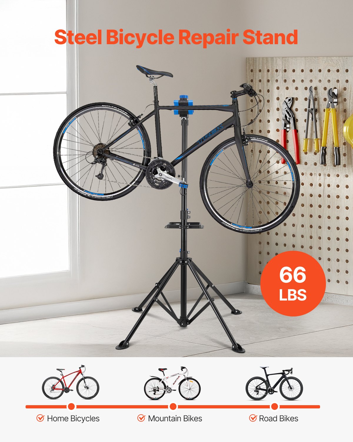 Bike Repair Stand, 66 lb Heavy-duty Bicycle Work Stand with 32.8-56.6 in Adjustable Height & Magnetic Tool Tray, Foldable Bicycle Maintenance Rack, Shop Home Mechanics for Mountain & Road Bike