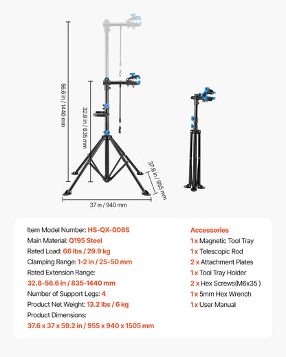 Bike Repair Stand, 66 lb Heavy-duty Bicycle Work Stand with 32.8-56.6 in Adjustable Height & Magnetic Tool Tray, Foldable Bicycle Maintenance Rack, Shop Home Mechanics for Mountain & Road Bike