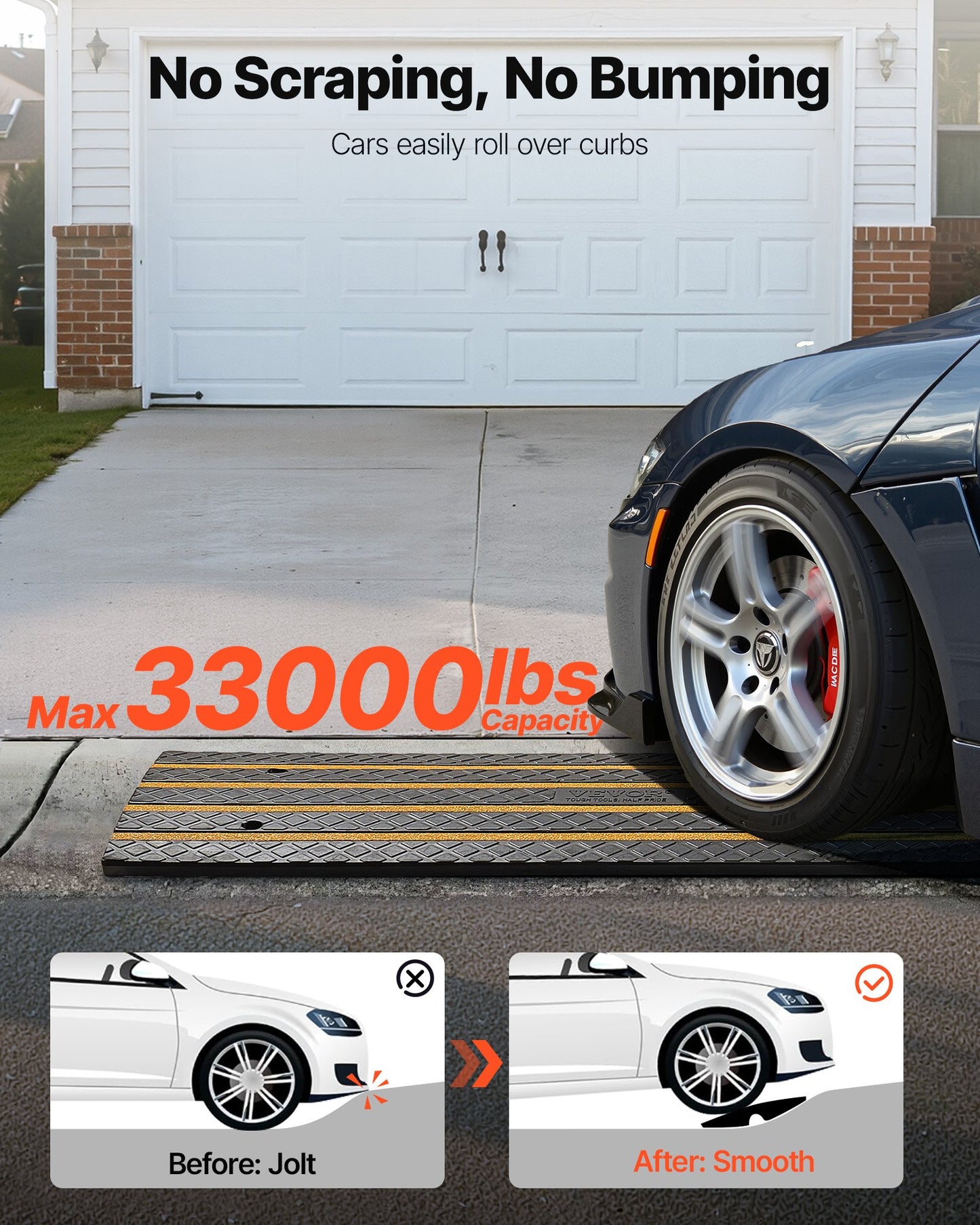 Car Driveway Rubber Curb Ramp, 15 Tons Load Capacity, 66 mm Rise Curbside Bridge Ramp with Yellow Reflective Strips, Suitable for Loading Dock, Warehouse, Garage, Sidewalk (1 Pack)