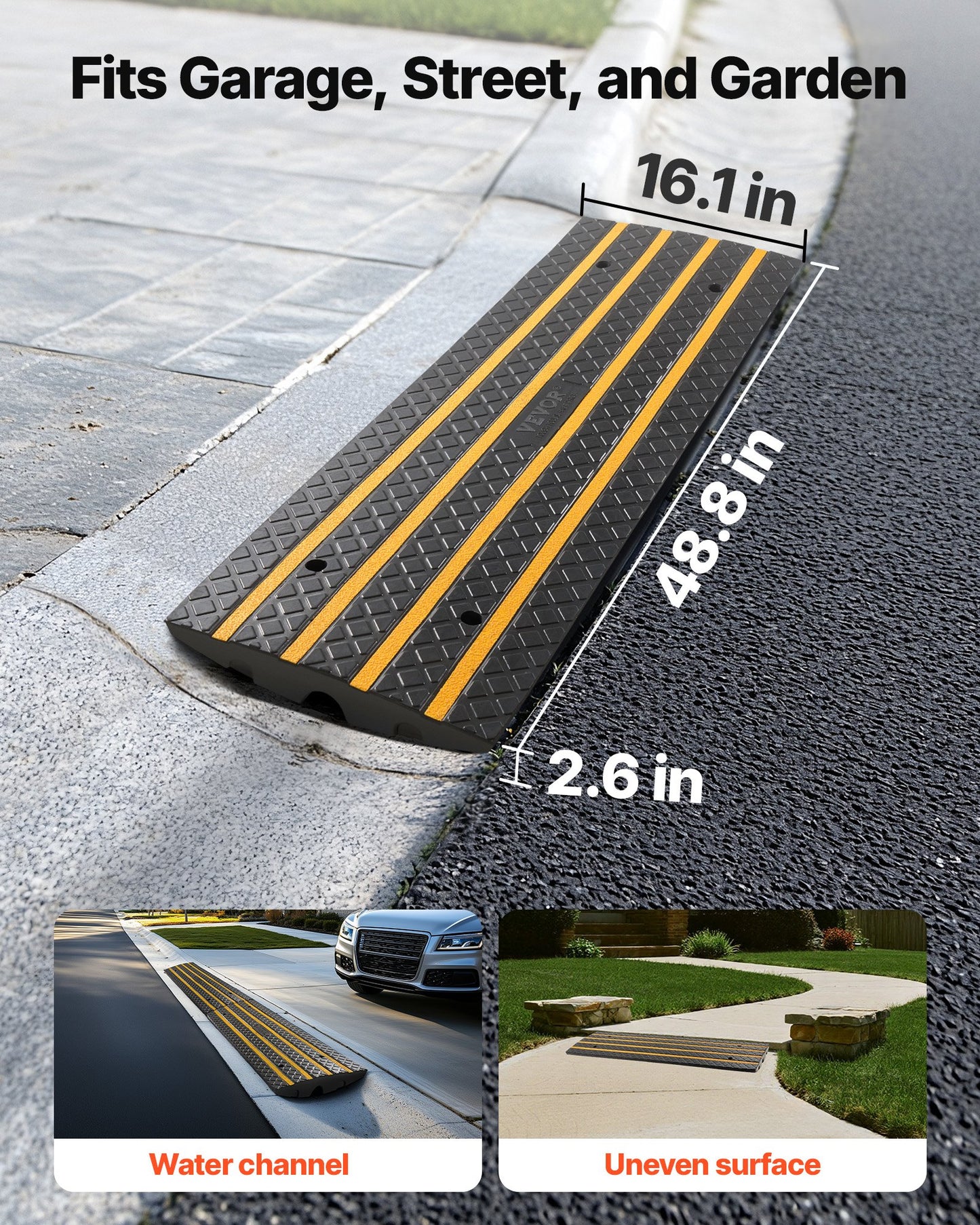 Car Driveway Rubber Curb Ramp, 15 Tons Load Capacity, 66 mm Rise Curbside Bridge Ramp with Yellow Reflective Strips, Suitable for Loading Dock, Warehouse, Garage, Sidewalk (1 Pack)