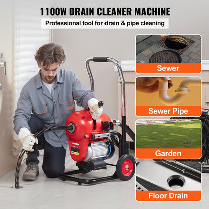 Drain Cleaner Machine 3657.6 cm x 1.52 cm 1100W Sectional Snake Auger Manual Feed