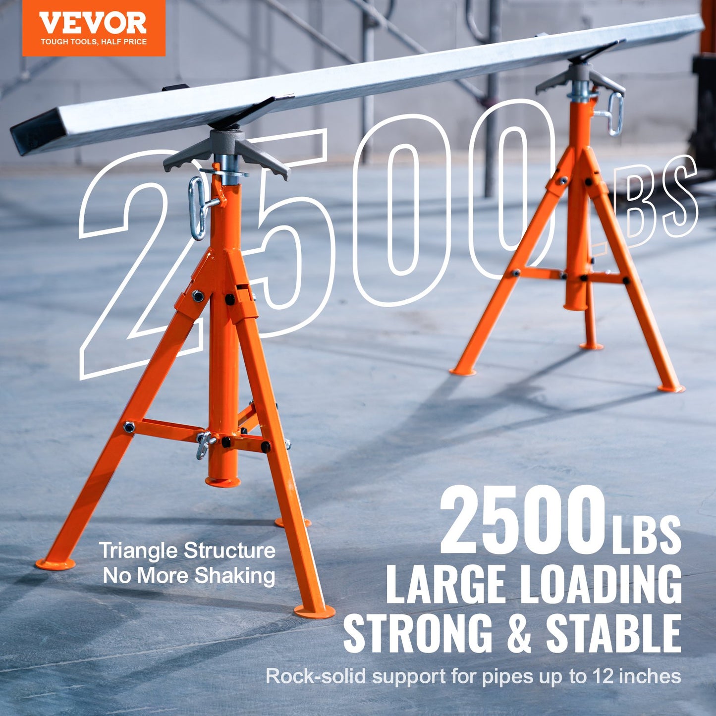 Pipe Stand, 1133.9 kg Heavy Duty Pipe Jack Stands, 69.1-132.1 cm Height Adjustable V Head Pipe Stand, 45# Steel Folding Jack Stand for 1.3-30.5 cm Pipes