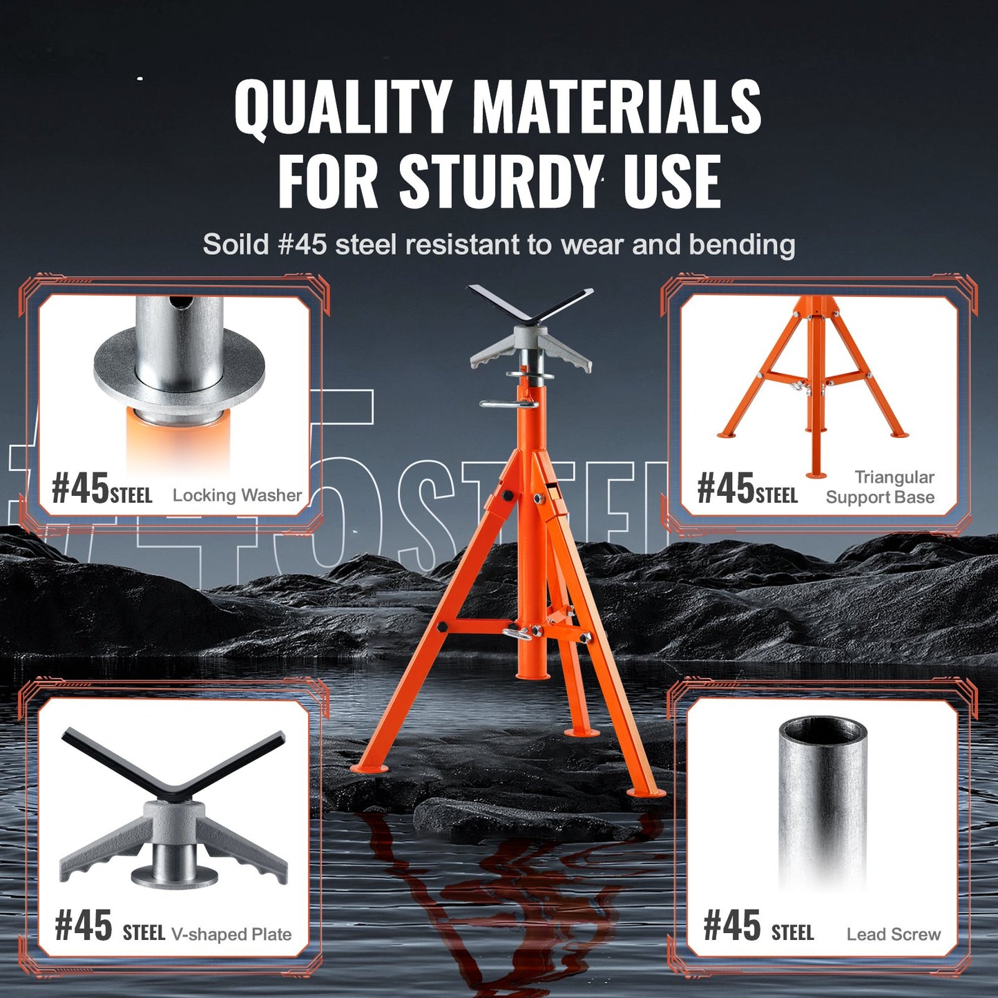 Pipe Stand, 1133.9 kg Heavy Duty Pipe Jack Stands, 69.1-132.1 cm Height Adjustable V Head Pipe Stand, 45# Steel Folding Jack Stand for 1.3-30.5 cm Pipes