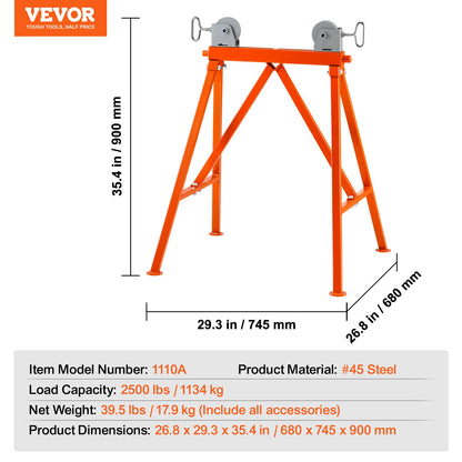 Pipe Stand with Roller Head 1134 kg Load for 5.1-91.4 cm Pipes 45# Steel