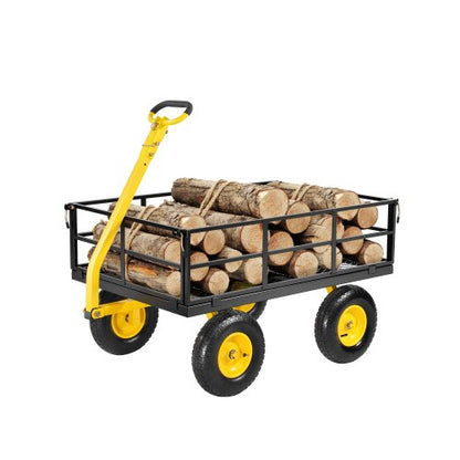 1200 kg stålträdgårdsvagn, kraftig utdragbar trädgårdsvagn, 2-i-1 utomhusmetallvagn med 13-tums terrängdäck, avtagbara nätsidor och 180° roterande handtag