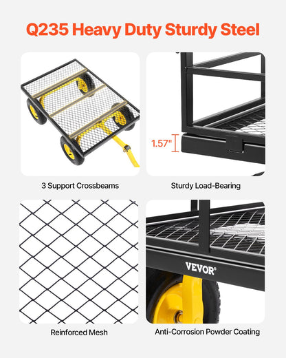 1200 kg stålträdgårdsvagn, kraftig utdragbar trädgårdsvagn, 2-i-1 utomhusmetallvagn med 13-tums terrängdäck, avtagbara nätsidor och 180° roterande handtag