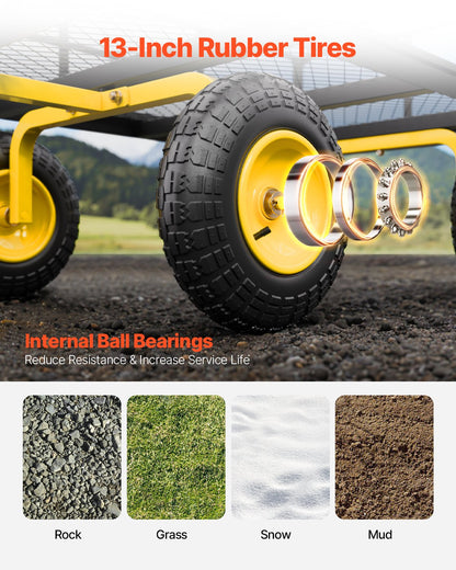 1200 kg stålträdgårdsvagn, kraftig utdragbar trädgårdsvagn, 2-i-1 utomhusmetallvagn med 13-tums terrängdäck, avtagbara nätsidor och 180° roterande handtag