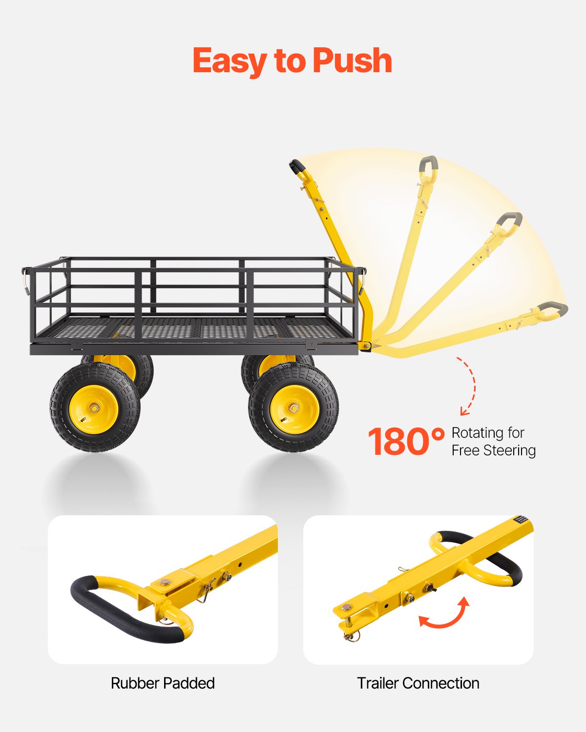 1200 kg stålträdgårdsvagn, kraftig utdragbar trädgårdsvagn, 2-i-1 utomhusmetallvagn med 13-tums terrängdäck, avtagbara nätsidor och 180° roterande handtag