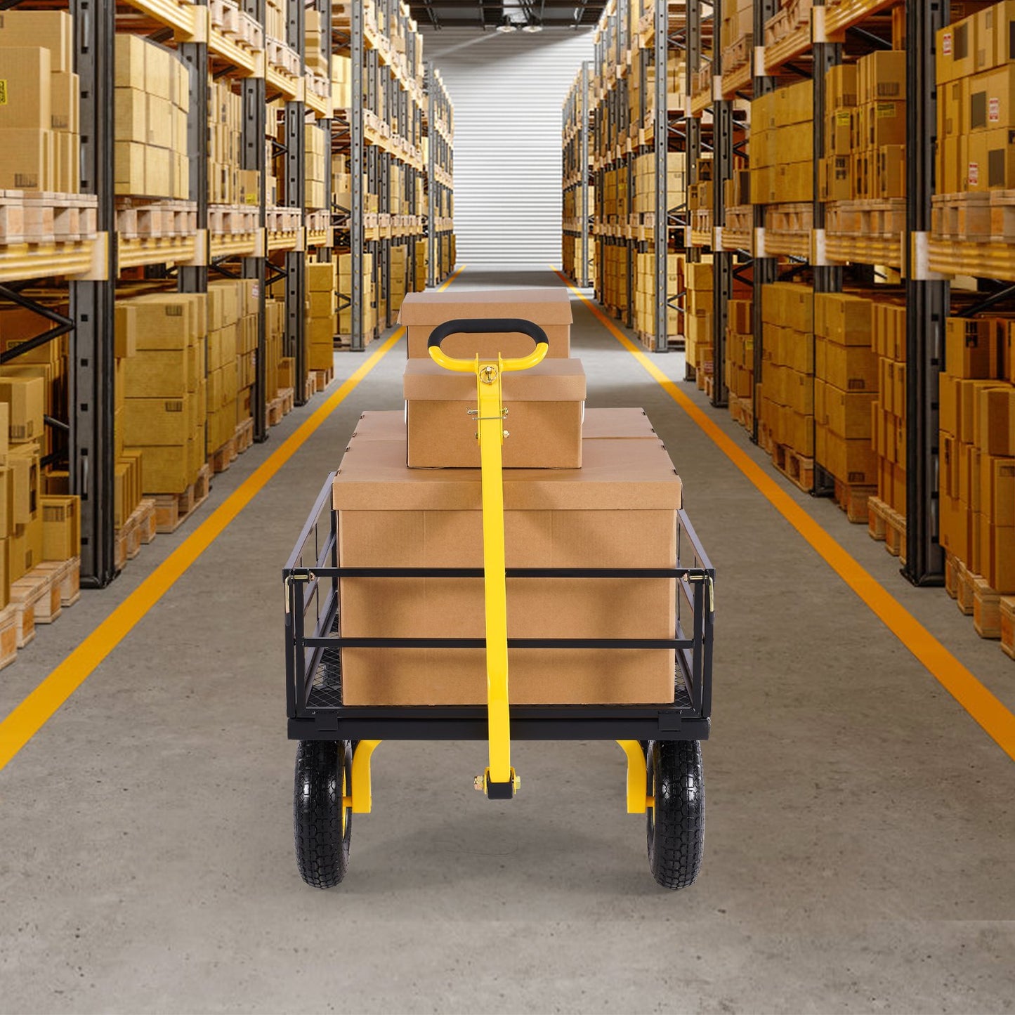 1200 kg stålträdgårdsvagn, kraftig utdragbar trädgårdsvagn, 2-i-1 utomhusmetallvagn med 13-tums terrängdäck, avtagbara nätsidor och 180° roterande handtag