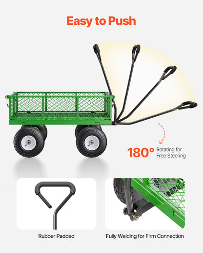 340 kg stålträdgårdsvagn på hjul, kraftig trädgårdsvagn, utdragbar, metall utomhusvagnar med 25 cm däck, avtagbara nätsidor och 180° roterande handtag