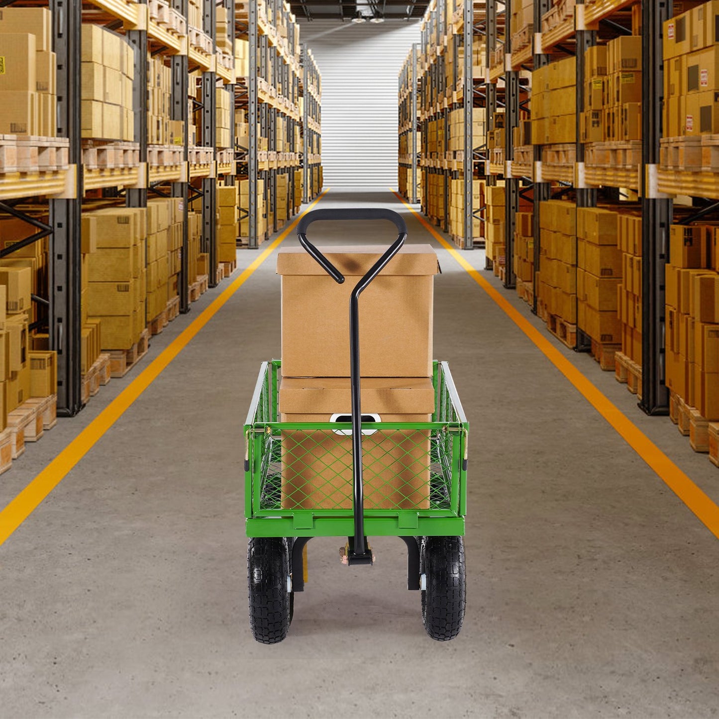 340 kg stålträdgårdsvagn på hjul, kraftig trädgårdsvagn, utdragbar, metall utomhusvagnar med 25 cm däck, avtagbara nätsidor och 180° roterande handtag