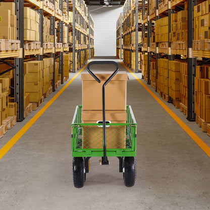 340 kg stålträdgårdsvagn på hjul, kraftig trädgårdsvagn, utdragbar, metall utomhusvagnar med 25 cm däck, avtagbara nätsidor och 180° roterande handtag