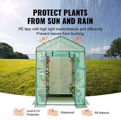 Walk-in växthus, 1,2 x 7 x 1,9 m växthus med hyllor, uppsättning på några minuter, höghållfast PE-överdrag med dörrar och fönster och stålram, lämplig för plantering och förvaring, grönt