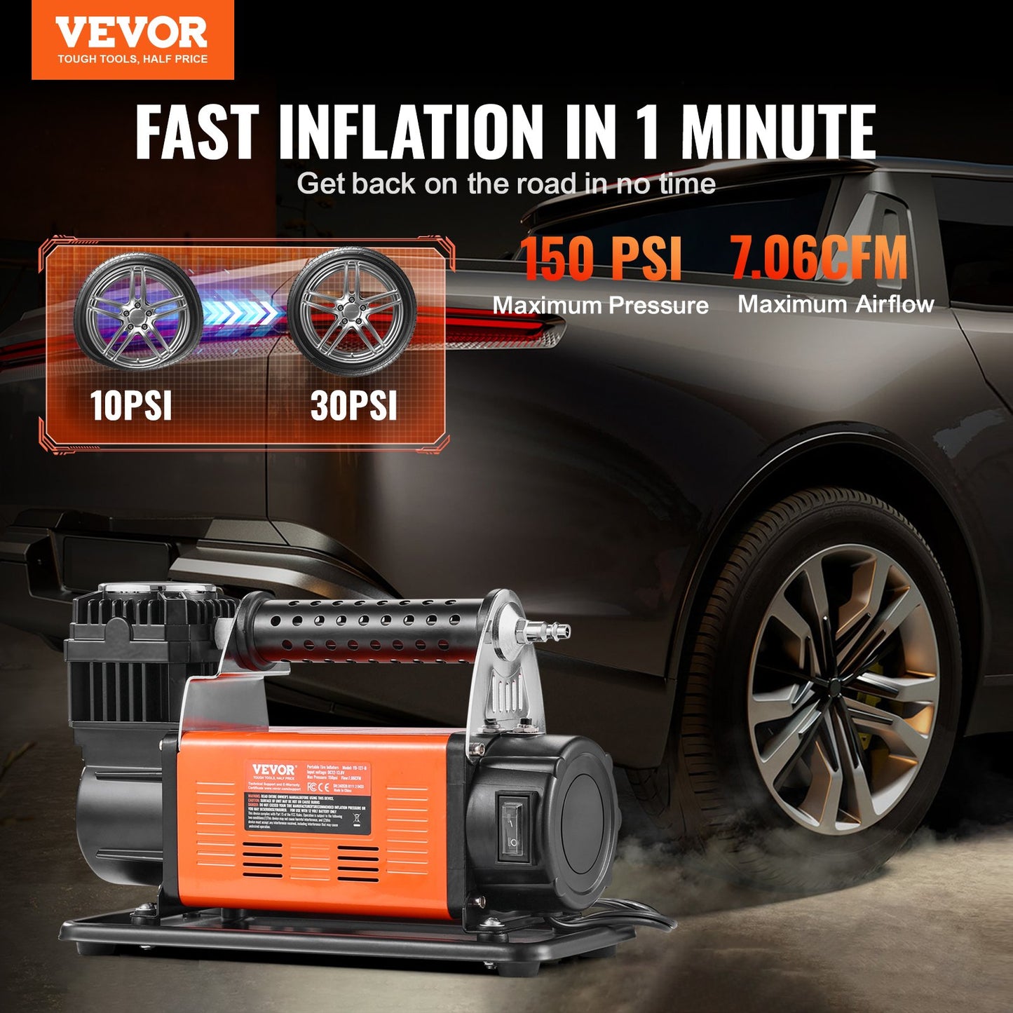 12V Portable Tire Inflator, 7.06CFM Heavy Duty Air Compressor, 150PSI Offroad Air Pump with Adapters for Car SUV RV Truck - Include 6.5FT Power Cord, 26FT Air Hose with Pressure Gauge, Carry Bag