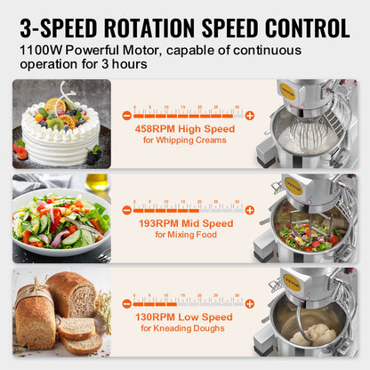 Kommersiell matberedare, 28,5L kommersiell köksmaskin med 3 justerbara hastigheter, 1100W degblandare med skål i rostfritt stål och 3 blandningstillbehör, Perfekt för restaurang, bageri, konditori, café
