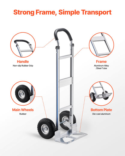 Hand Truck, 226.9 kg Load Capacity, Heavy-Duty Hand Truck Dolly with Non-Slip Wheels & Handle, Aluminum Alloy Portable Trolley Dolly with Tie-down Strap for Moving Home, Office, Warehouse