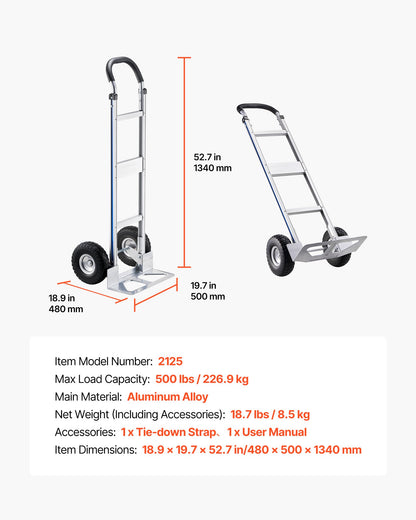 Hand Truck, 226.9 kg Load Capacity, Heavy-Duty Hand Truck Dolly with Non-Slip Wheels & Handle, Aluminum Alloy Portable Trolley Dolly with Tie-down Strap for Moving Home, Office, Warehouse