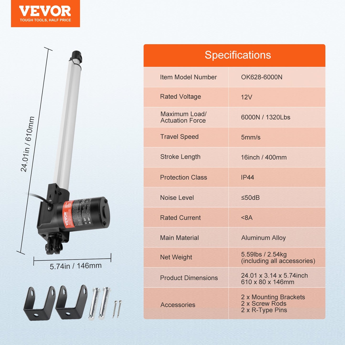 Linear Actuator 12V 40.6 cm Heavy Duty 598.8 kg/6000N 0.5 cm/s IP44 Protection