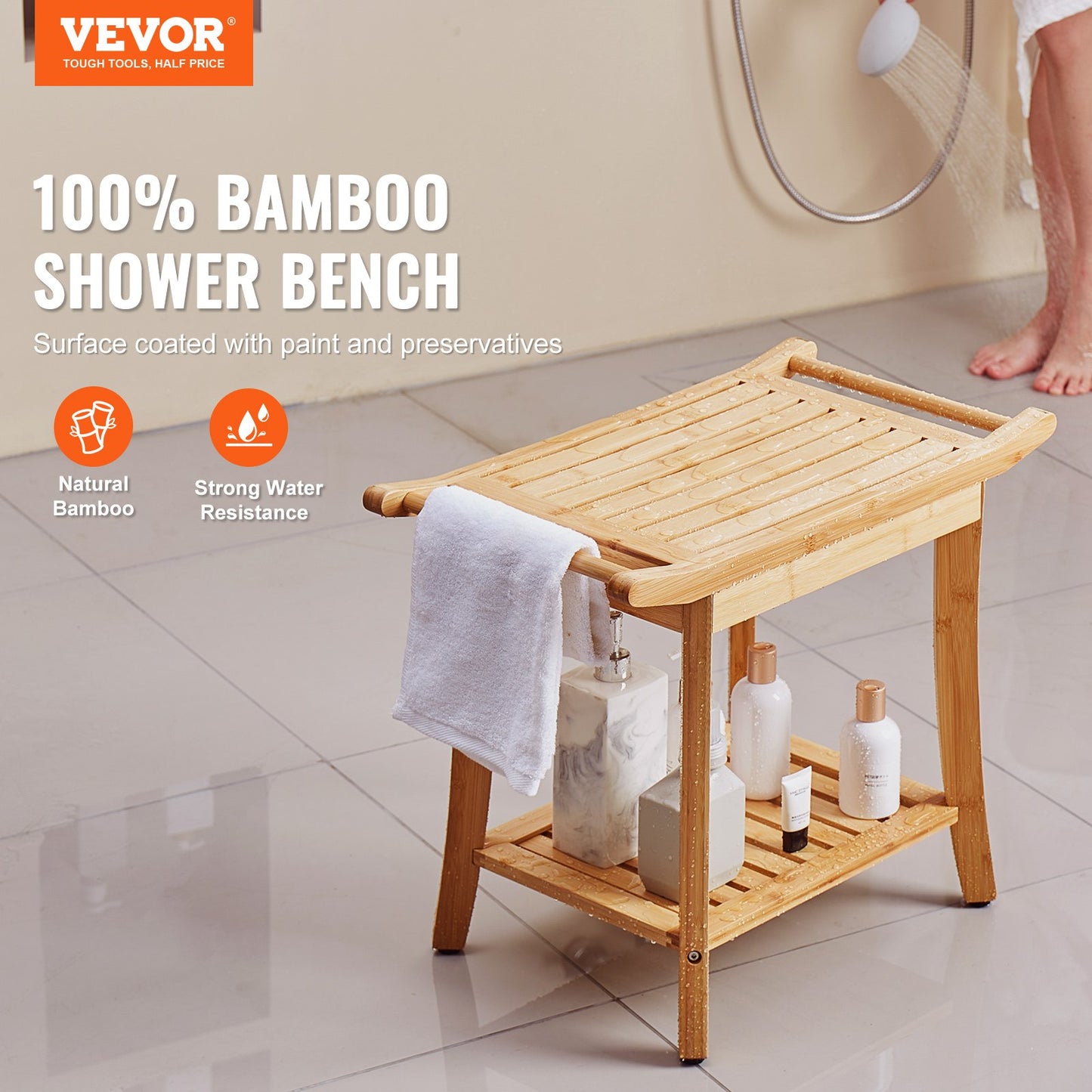 Bamboo Shower Bench, 24 x 13.8 x 18.9 in, Waterproof Shower Stool Chair with Storage Shelf Handle, 300 lbs Load Capacity Spa Bath Seat Organizer, for Adults Seniors Women Elderly Indoor Outdoor