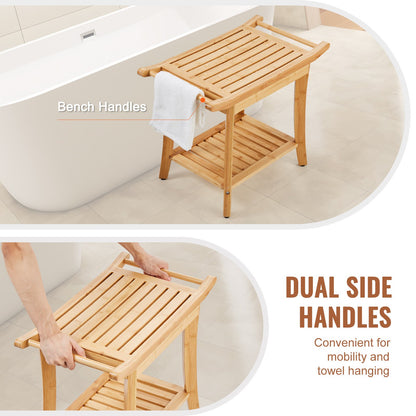 Bamboo Shower Bench, 24 x 13.8 x 18.9 in, Waterproof Shower Stool Chair with Storage Shelf Handle, 300 lbs Load Capacity Spa Bath Seat Organizer, for Adults Seniors Women Elderly Indoor Outdoor