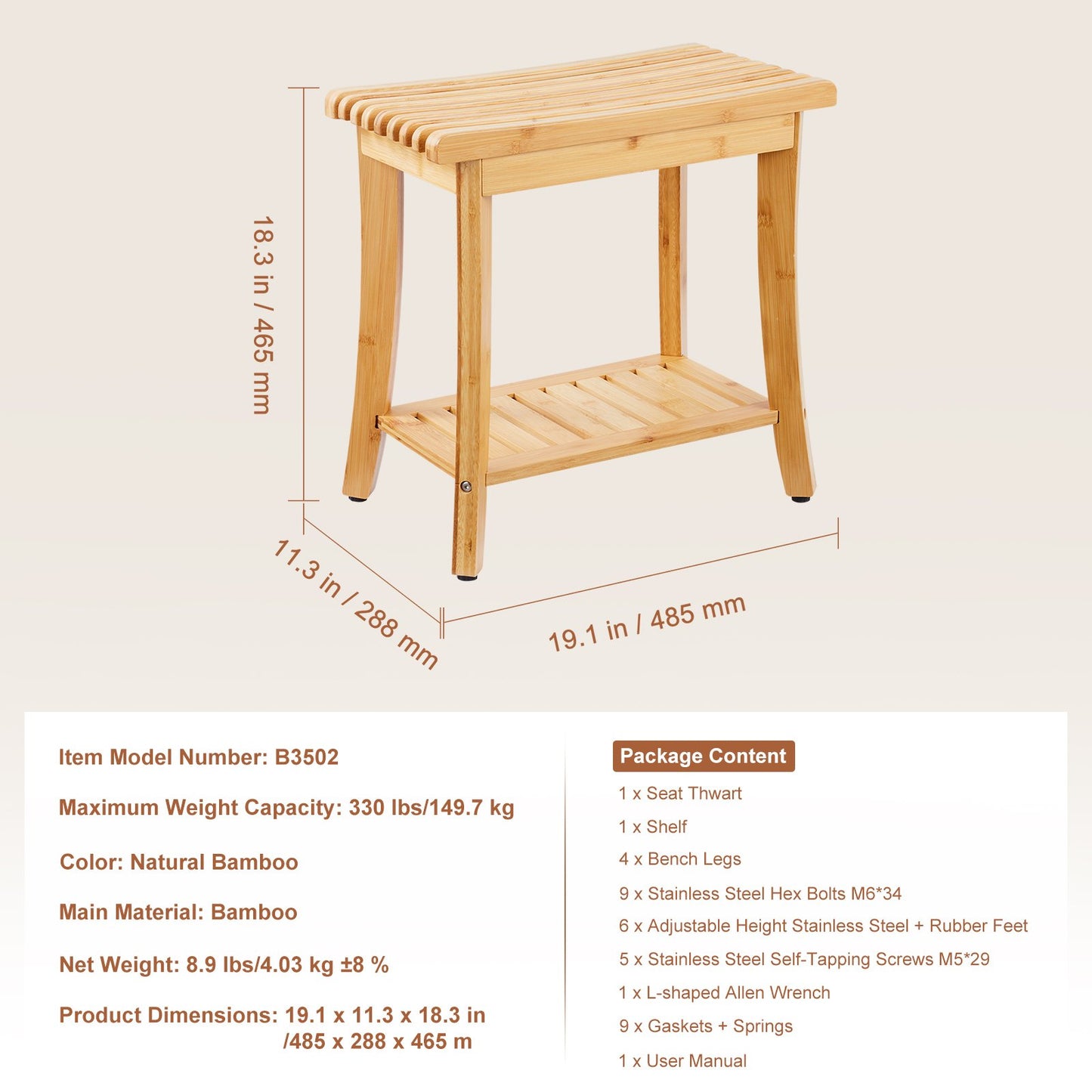 Bamboo Shower Bench 48.5 x 28.7 x 46.5 cm Shower Stool Chair for Bathroom