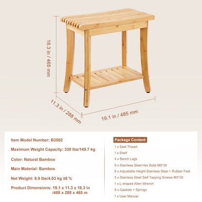 Bamboo Shower Bench 48.5 x 28.7 x 46.5 cm Shower Stool Chair for Bathroom