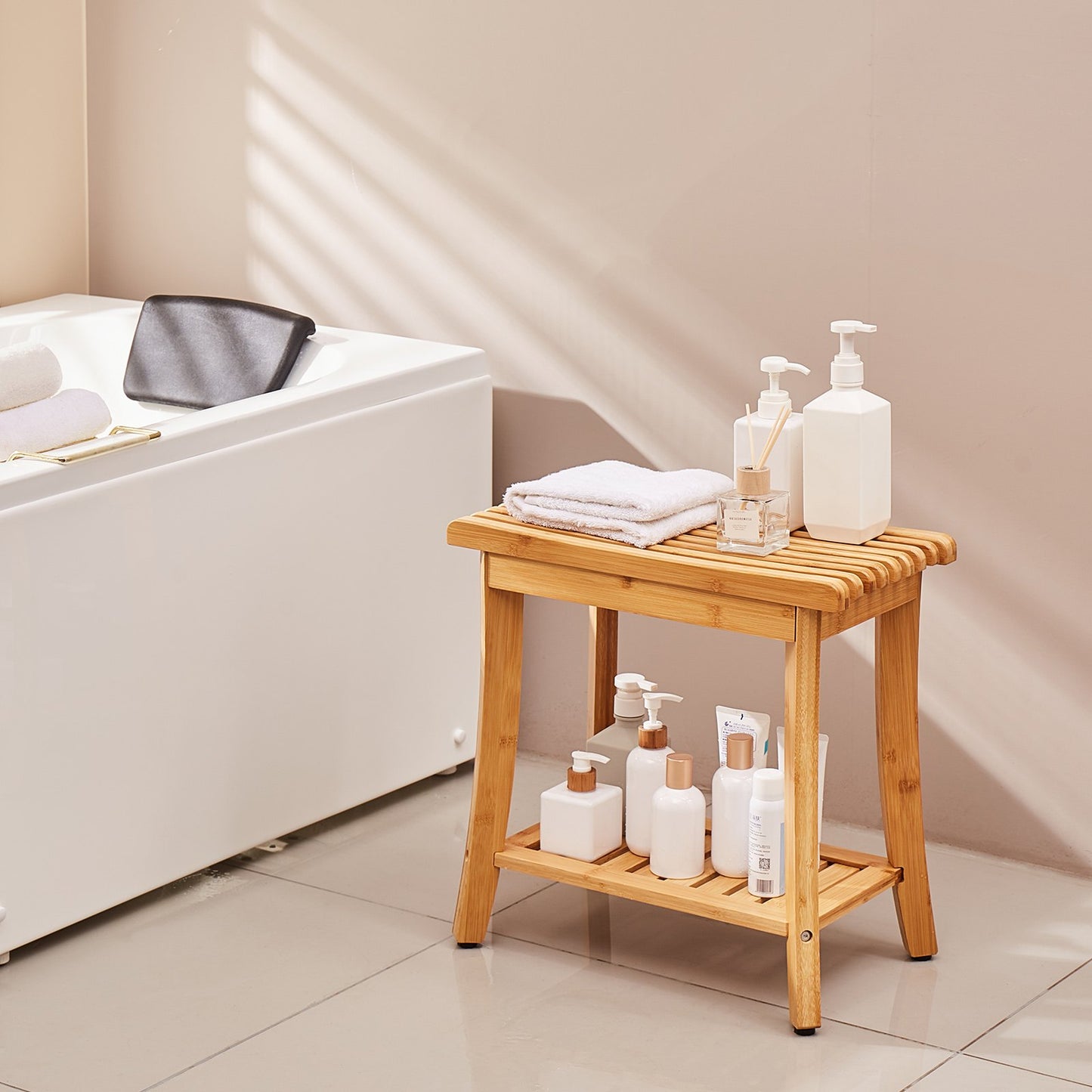 Bamboo Shower Bench 48.5 x 28.7 x 46.5 cm Shower Stool Chair for Bathroom