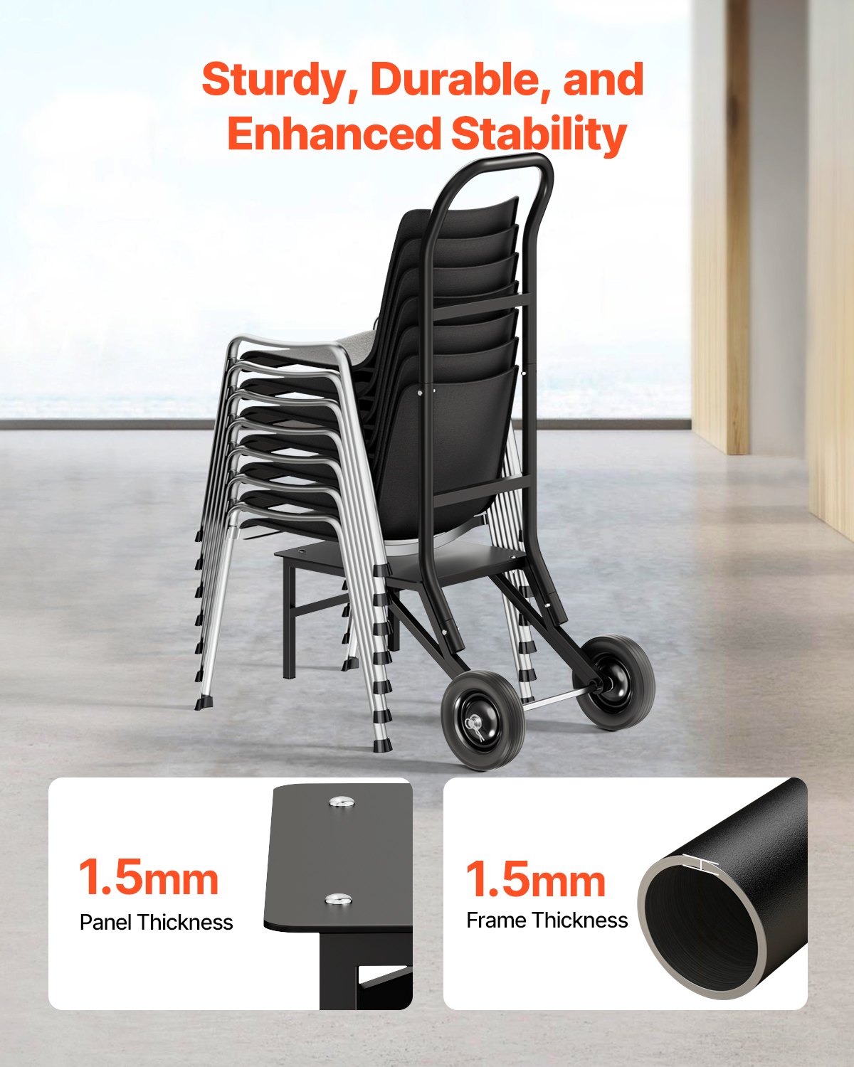 Folding Chair Rack, 150 LBS Capacity, Heavy-duty Chair Cart for Stacking 10 Chairs, Multi-Function Metal Chair Storage Dolly with Rubber Wheels, Push-Style Chair Holder, Matte Black