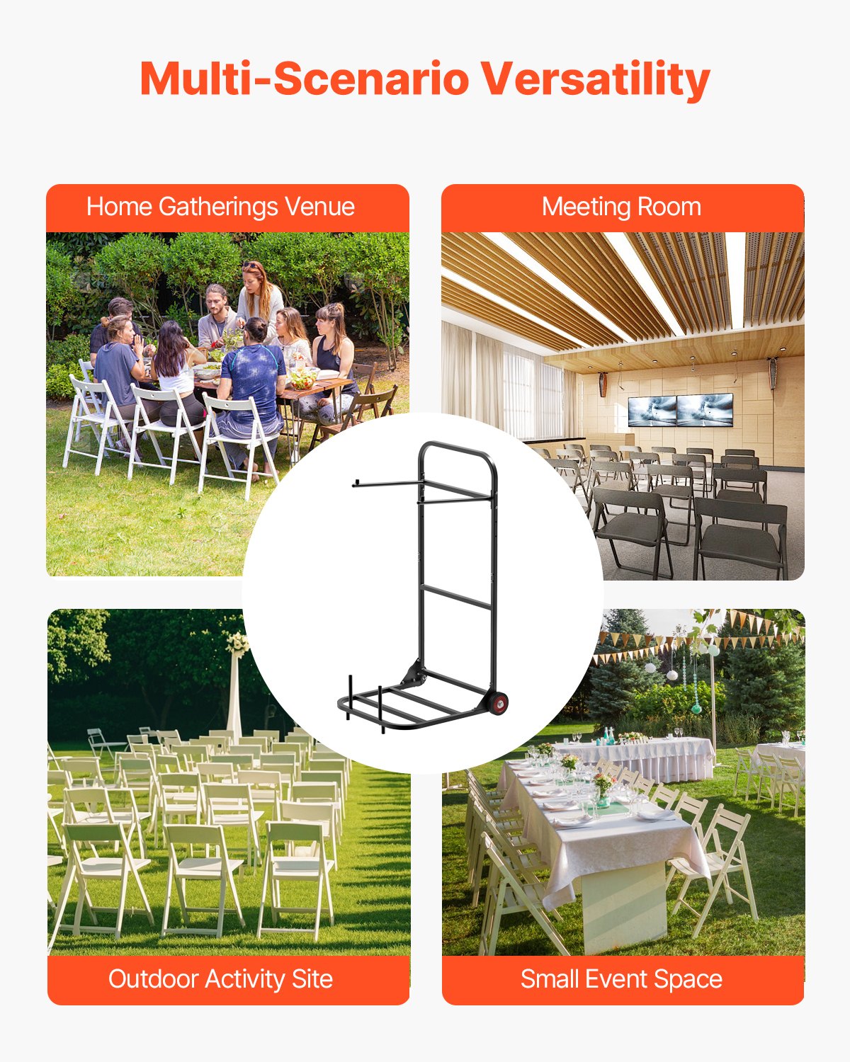 Folding Chair Rack, 100 LBS Capacity, Heavy-duty Chair Cart for Hanging 10 Chairs, Multi-Function Metal Chair Storage Dolly with Rubber Wheels, Push-Style Chair Holder, Matte Black