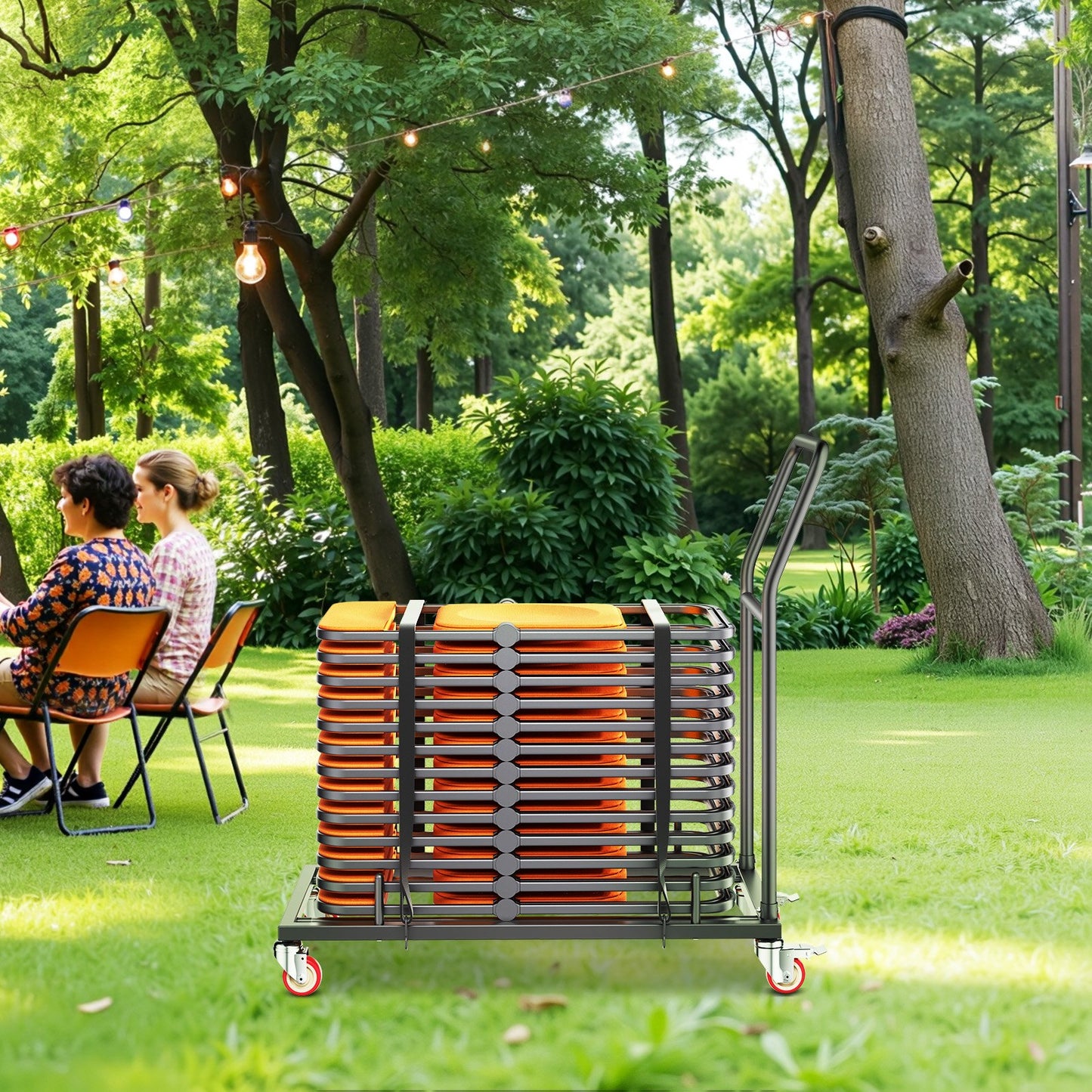 Folding Chair Rack, 300 LBS Capacity, L-shape Horizontal Placement Chair Cart for 25 Chairs, Heavy-duty Metal Chair Storage Dolly with Rubber Wheels and Holders, Large Chair Holder, Matte Black