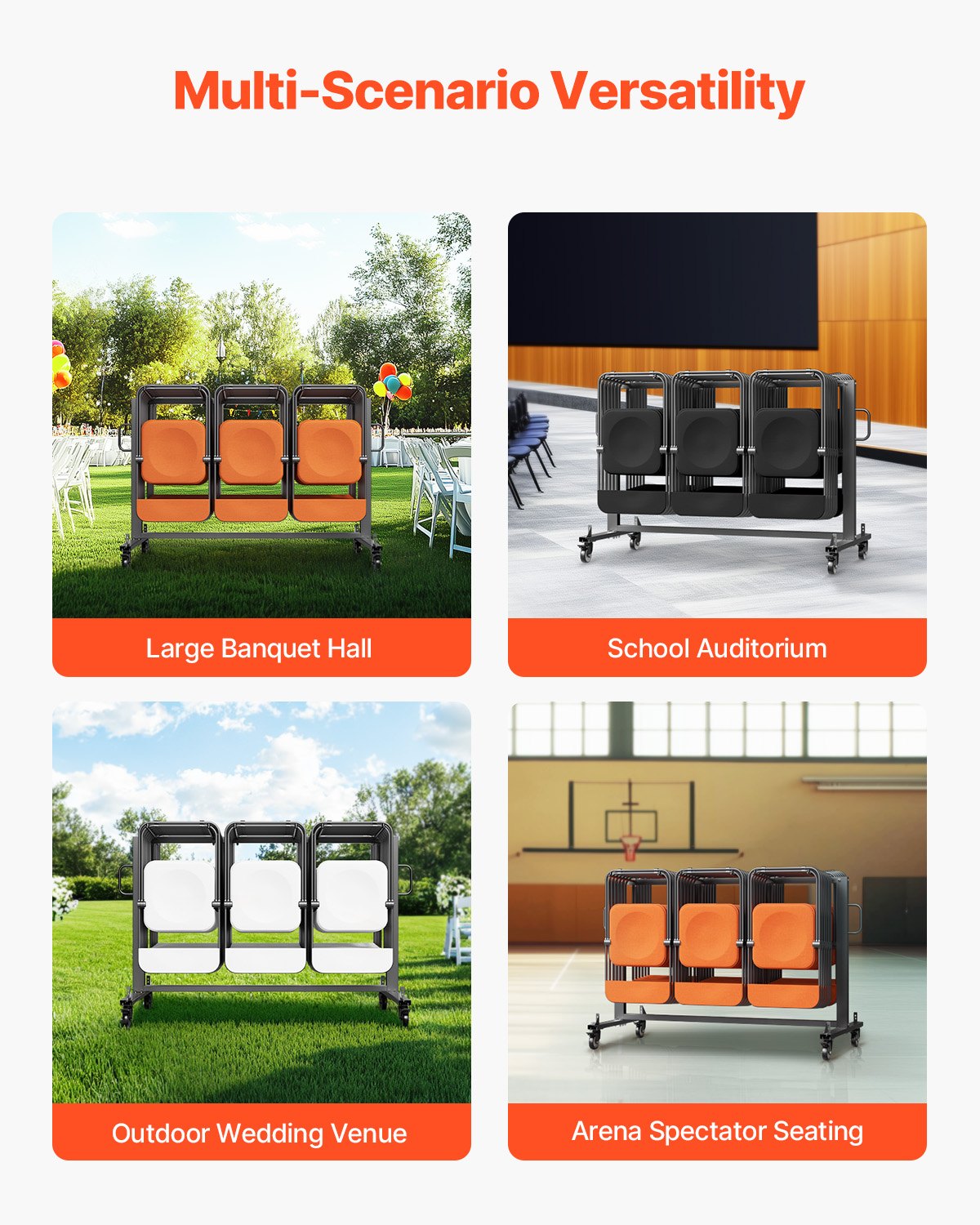 Folding Chair Rack, 400 LBS Capacity, Heavy-duty Chair Cart for 42 Chairs or 12 Tables, Multi-Function Chair Storage Dolly with Rubber Wheels and Holders, Large Chair Holder, Matte Black