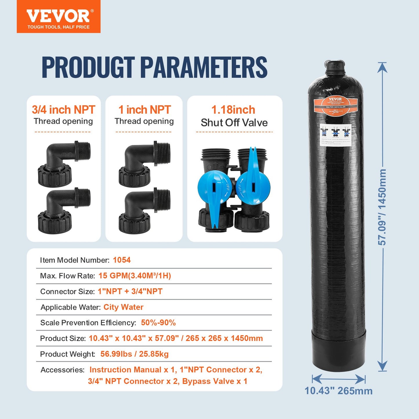 Saltfritt avkalkningsmedel för hela huset, vattenfilter för stadsvatten, 1100 000 gallon vattenavkalkningsmedel för hela huset för alla typer av rör, 1" BSPT och 3/4" BSPT, för familjer med 5-8 personer