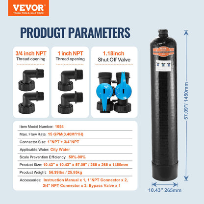 Saltfritt avkalkningsmedel för hela huset, vattenfilter för stadsvatten, 1100 000 gallon vattenavkalkningsmedel för hela huset för alla typer av rör, 1" BSPT och 3/4" BSPT, för familjer med 5-8 personer